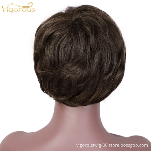 Vigorous Wholesale Cheap Pixie Cut Wigs for Black Women Short Synthetic Hair Heat Resistant Side Part Wig Highlight Natural Wave